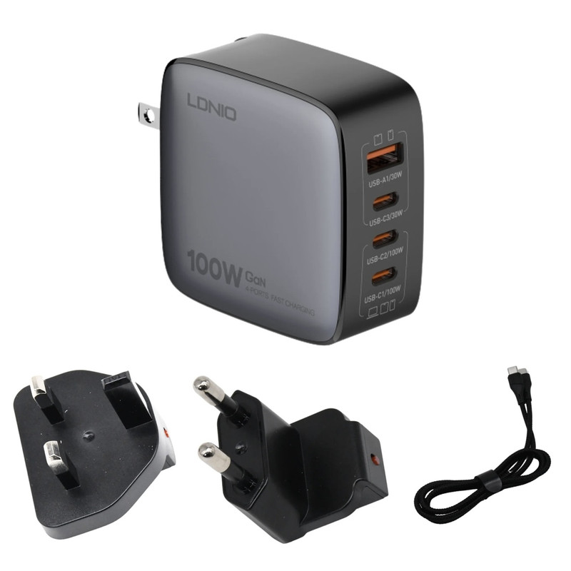 شارژر دیواری ۱۰۰ وات ۴ پورت الدینیو مدل Q408 به همراه کابل USB-C