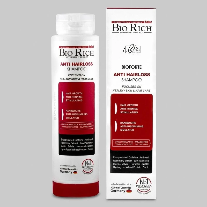 شامپو روزانه تقویت‌کننده و ضد ریزش مو بایوریچ مخصوص انواع مو، حجم 250 میلی‌لیتر مدل ANTI HAIR LOSS، حاوی کراتین، بدون سولفات، حجم‌دهنده و ترمیم‌کننده با عصاره مریم گلی، گزنه و، رزماری