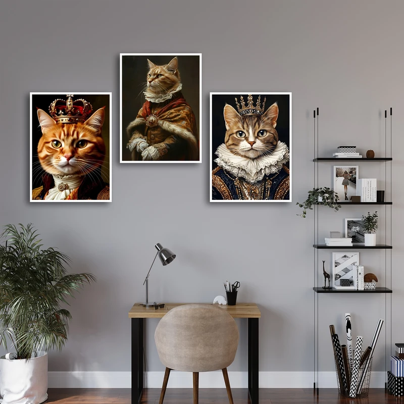 تابلو بکلیت طرح دکوراتیو گربه اشرافی کد W-MR-1094 فریم سفید مجموعه 3 عددی
