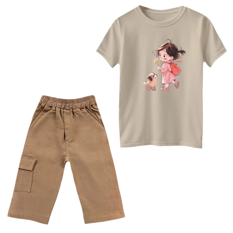 ست تی‌شرت و شلوارک دخترانه مدل دخترک و سگ رنگ کرم