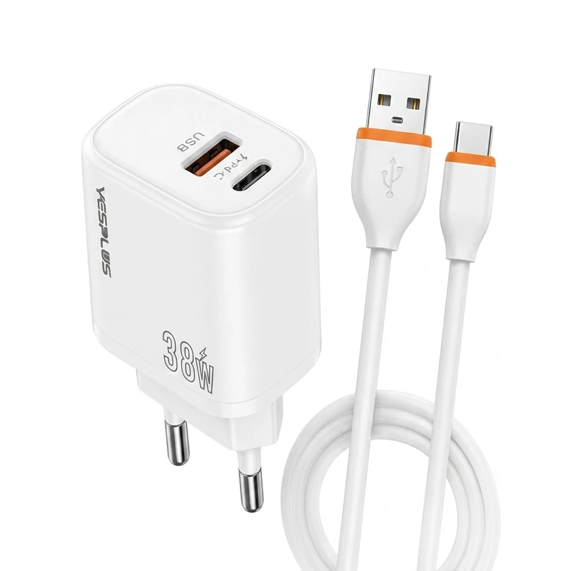 شارژر دیواری 38 وات 2 پورت یس پلاس مدل SUPER FAST CHARGING به همراه کابل تبدیل USB به USB-C 