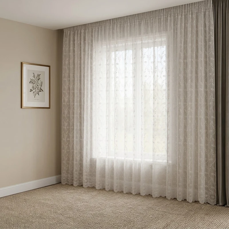 پرده تیکو دکو مدل دوخت ساده تور راشل کادکا طرح برگی دالبوردار  سایز 280 × 600 سانتی‌متر