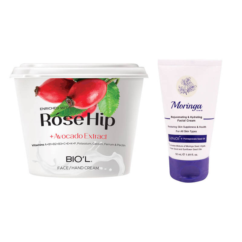 کرم آبرسان مورینگا امو مدل Rejuvenating حجم 50 میلی لیتر به همراه کرم مرطوب کننده بیول مدل Rose Hip حجم 250 میلی لیتر