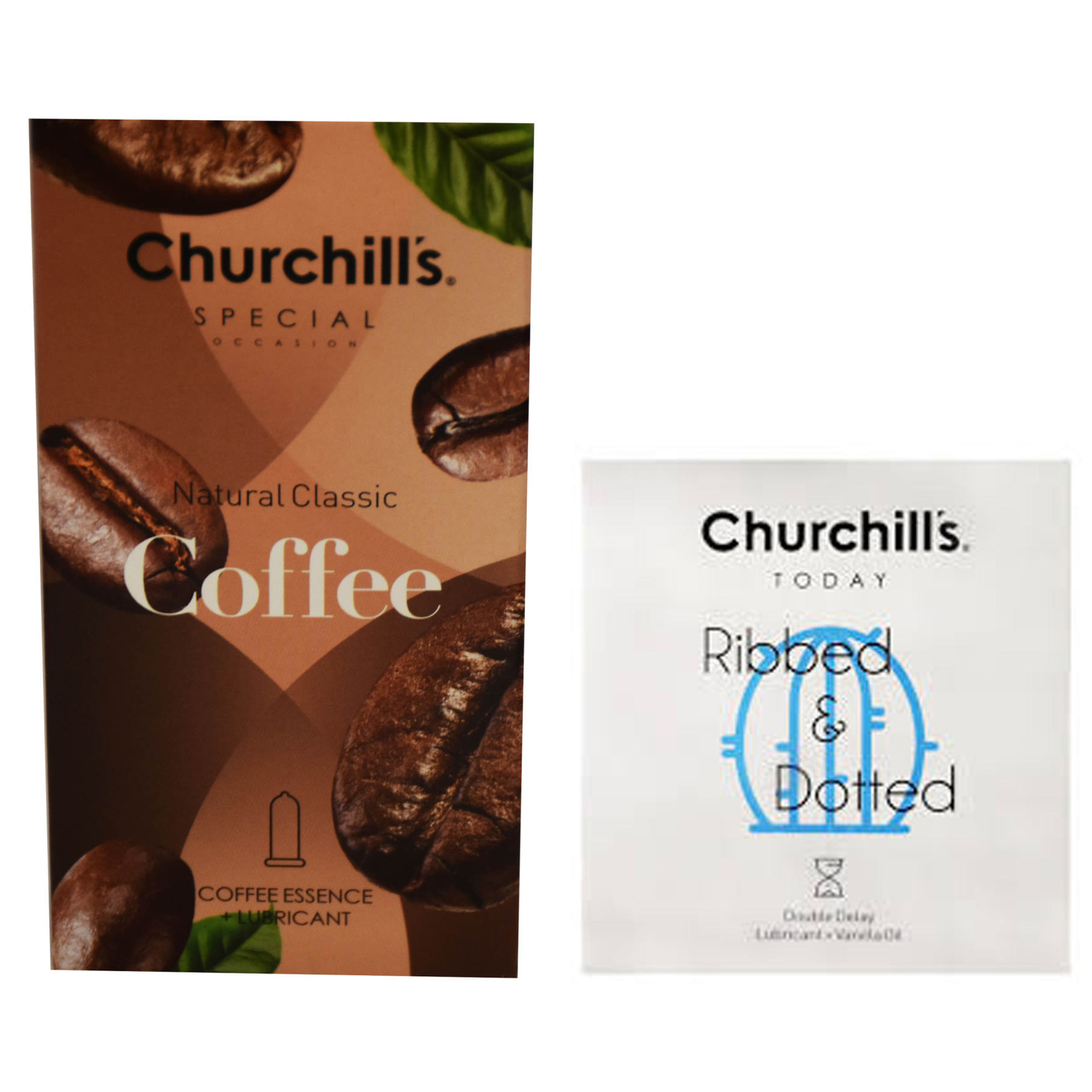 کاندوم چرچیلز مدل Coffee بسته 12 عددی به همراه کاندوم مدل شیاردار و خاردار بسته 3 عددی