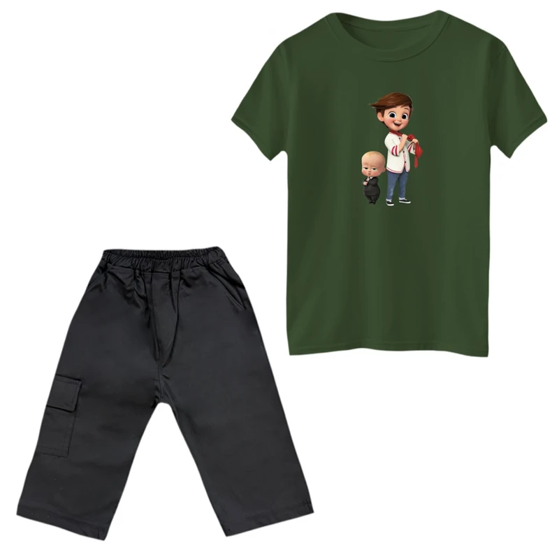 ست تی‌شرت و شلوارک پسرانه مدل بچه رییس کد 1 رنگ یشمی 