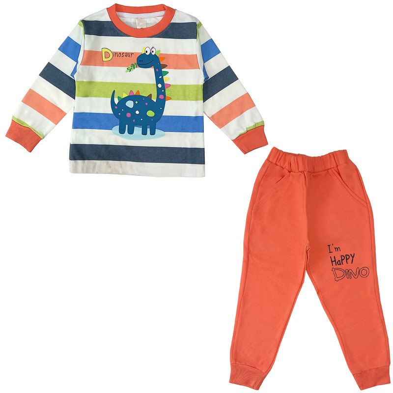 ست تی شرت و شلوار پسرانه مدل راه راه دایناسور کد 3521 رنگ نارنجی