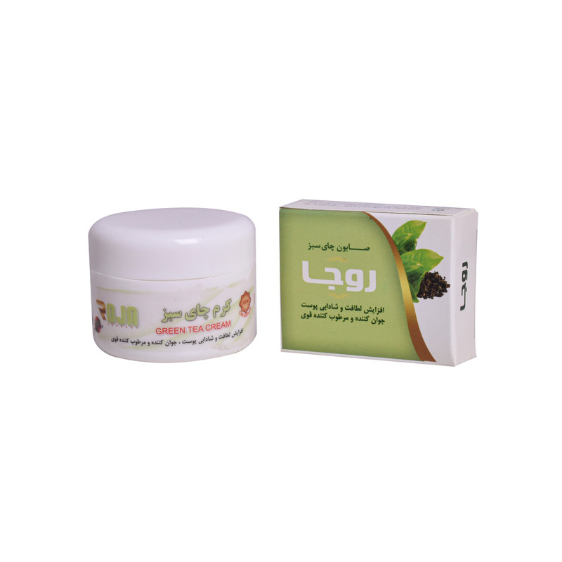  کرم مرطوب کننده روجا مدل چای سبز حجم 70 میلی لیتر به همراه صابون شستشو روجا مدل چای سبز وزن 20 گرم