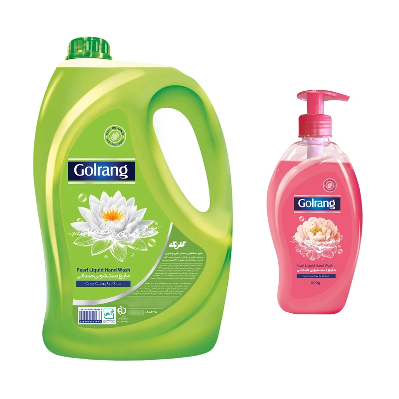 مایع دستشویی آبی گلرنگ مدل PG با رایحه گل وزن 3500 گرم و مایع دستشویی گلرنگ مدل SR وزن 500 گرم