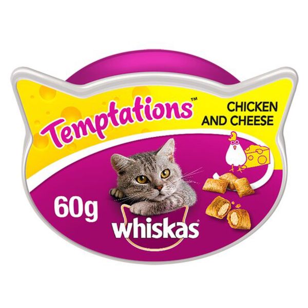 غذای تشویقی گربه ویسکاس مدل Temptations chiken and cheese وزن 60 گرم