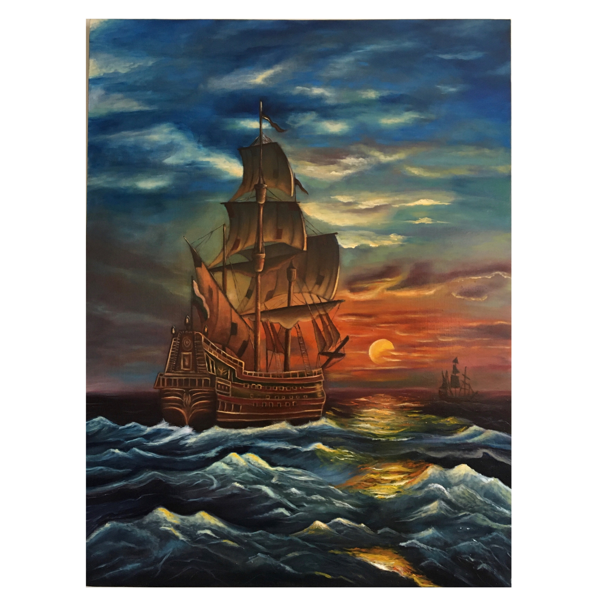 نقاشی رنگ روغن مدل کشتی در دریا