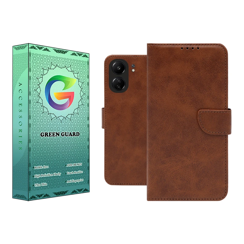 کیف کلاسوری گرین گارد مدل چرمی مگنتی کد Brown-GB01 مناسب برای گوشی موبایل شیائومی Redmi 13C / Poco C65
