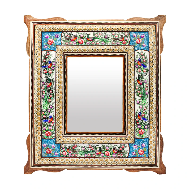 آینه خاتم کاری چوبی صنایع دستی فاخر مدل یونیک طرح مینیاتور برجسته کد GrBl50p44mr22p16-1f2