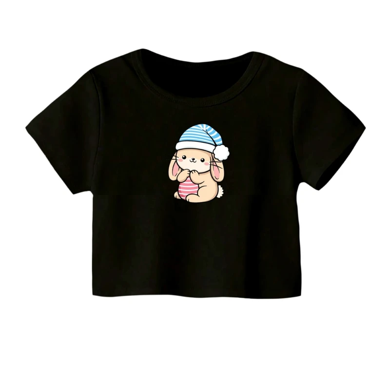 کراپ‌ تی‌شرت آستین کوتاه زنانه مدل خرگوش مهربون کد 01