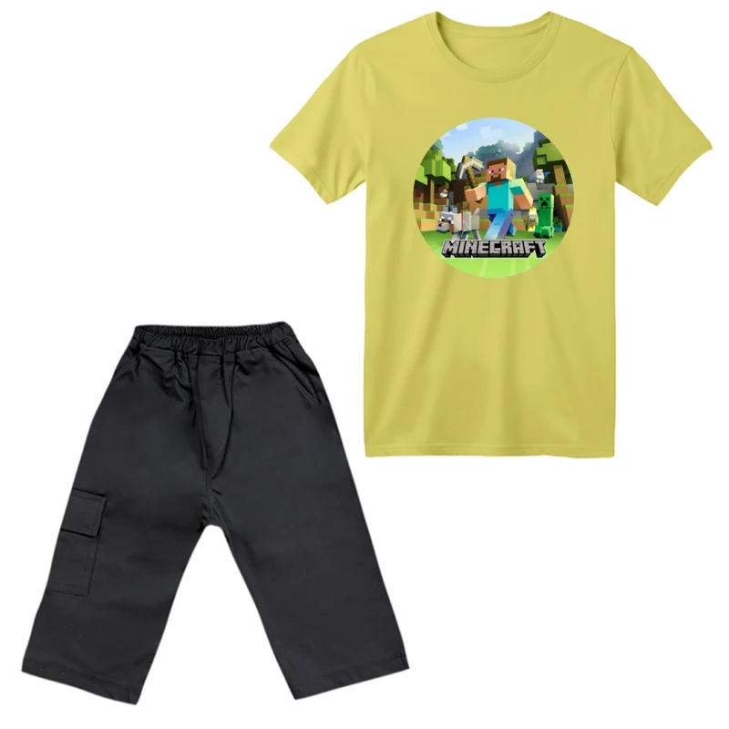 ست تی‌شرت آستین کوتاه و شلوارک پسرانه مدل ماینکرفت کد 3 رنگ لیمویی