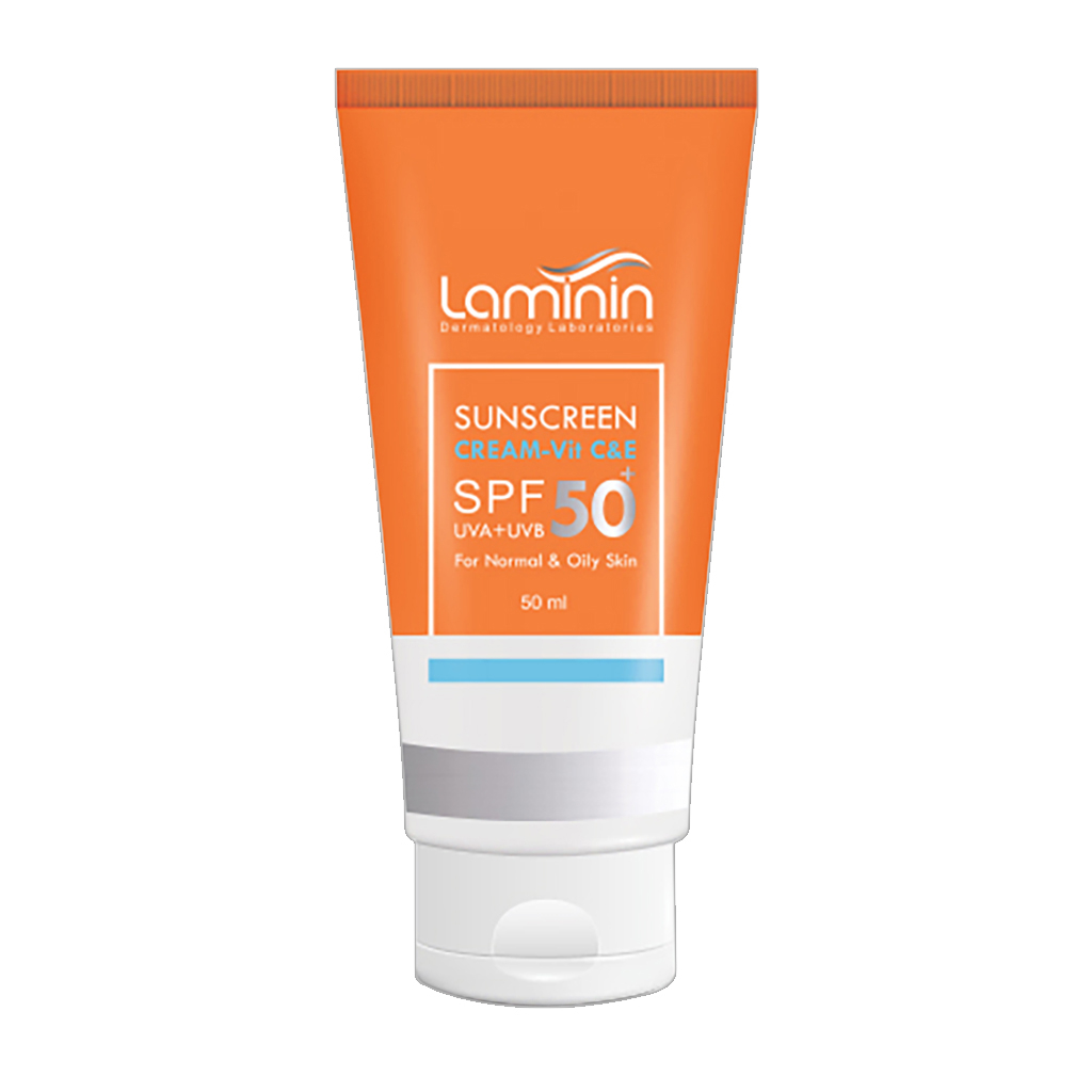 کرم ضد آفتاب بیرنگ دست و صورت لامینین SPF 50 مدل ویتامینه محافظ UVA ،UVB مناسب برای پوست چرب و معمولی حجم 50 میلیلیتر