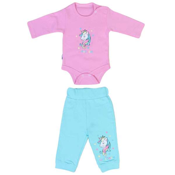 ست بادی آستین بلند و شلوار نوزادی طرح یونیکورن مدل cag441p