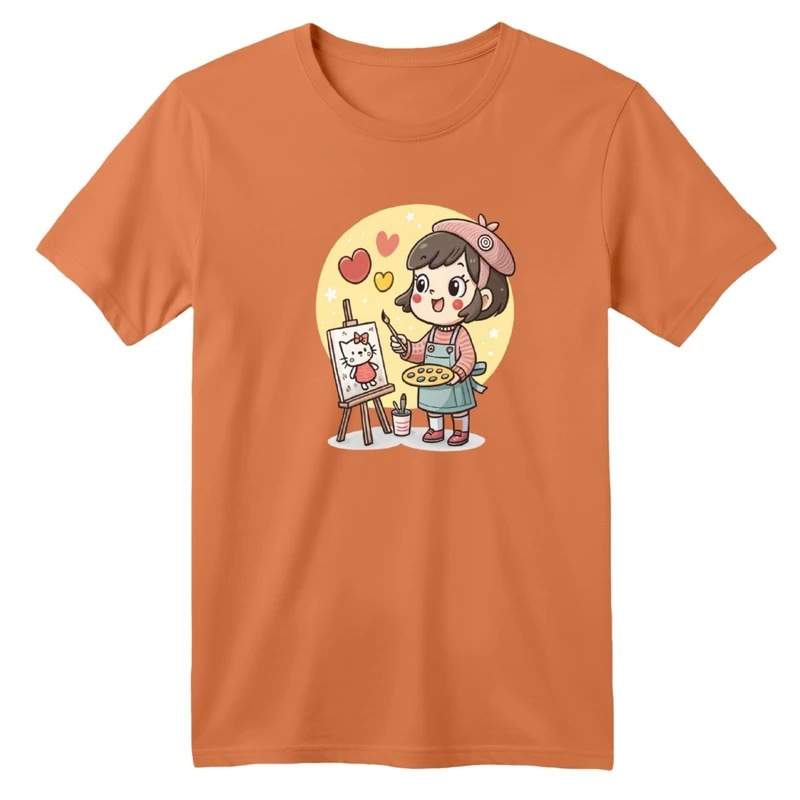 تی‌شرت آستین کوتاه لانگ یقه گرد بچگانه مدل دخترک نقاش