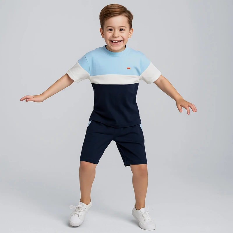 ست تی شرت و شلوارک پسرانه مادر مدل فاستر رنگ آبی