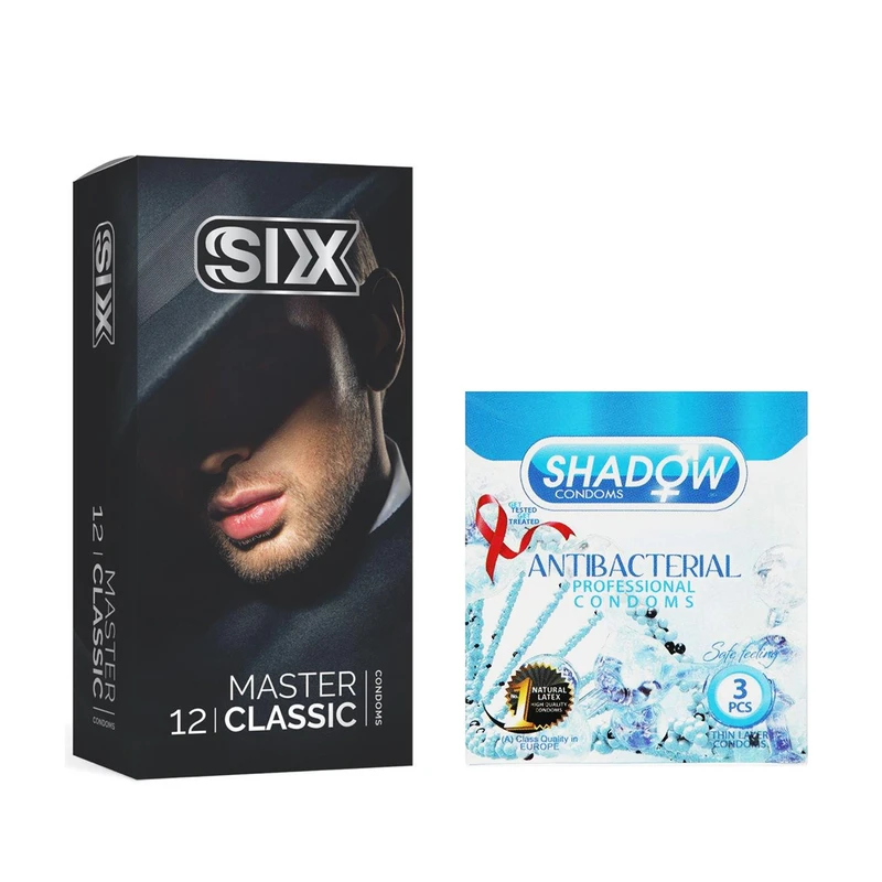 کاندوم سیکس مدل Master Classic بسته 12 عددی به همراه کاندوم شادو مدل Anti Bacterial بسته 3 عددی