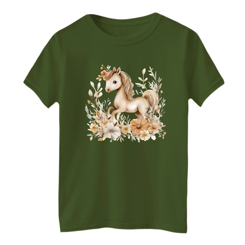 تی شرت آستین کوتاه بچگانه مدل اسب و گل