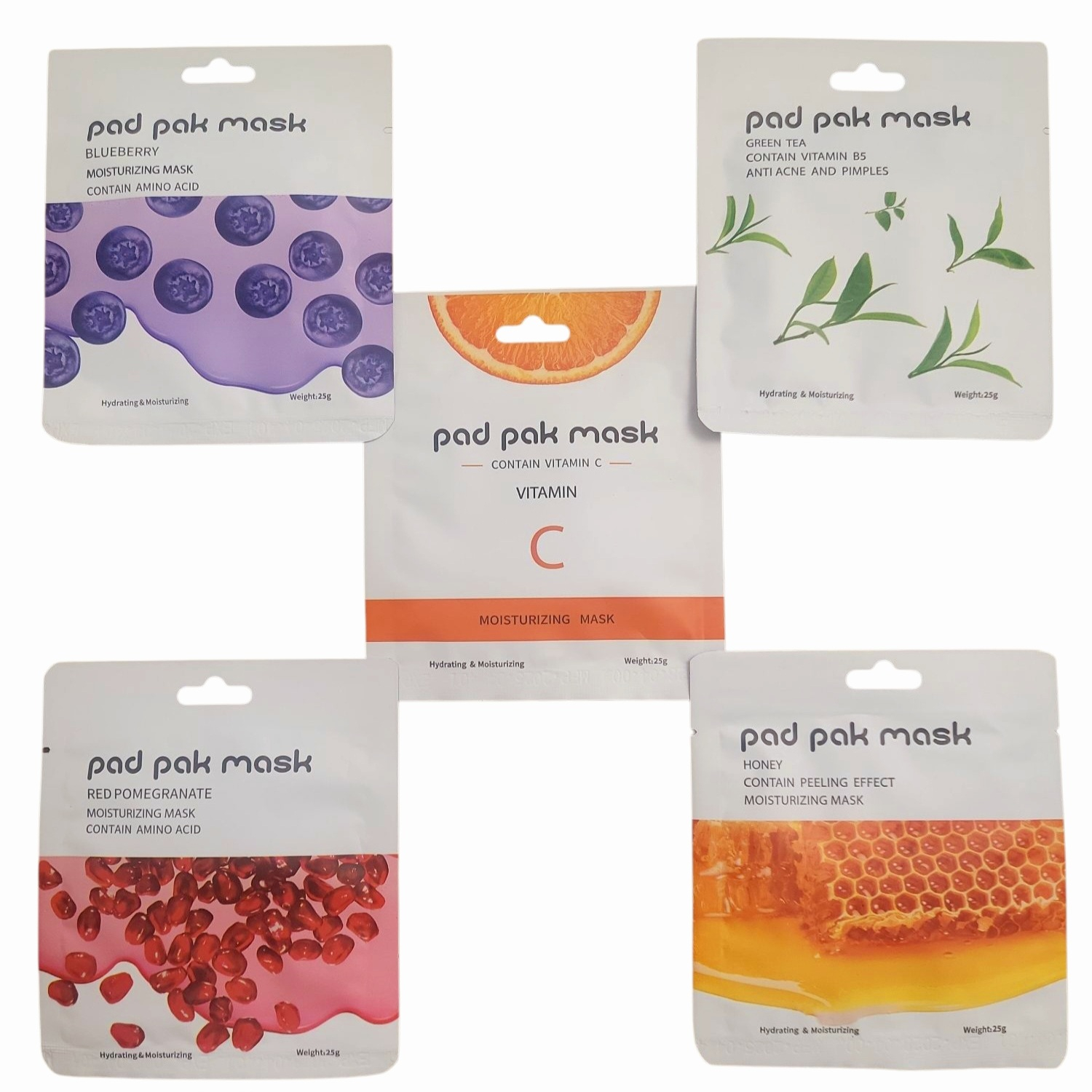ماسک صورت پد پاک مدل انار چای ویتامین بلوبری و عسل بسته 5 عددی