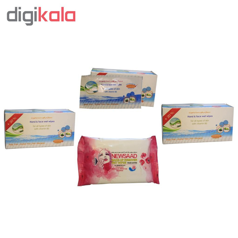 دستمال مرطوب نیوساد بسته ۲۰ عددی به همراه دستمال مرطوب سافت و کلین مدل ساشه ای مجموعه 3 بسته ای (36عدد)