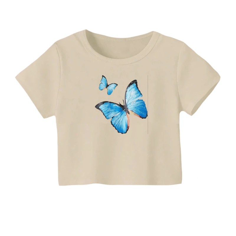 کراپ‌ تی‌شرت آستین کوتاه زنانه مدل پروانه کد 02