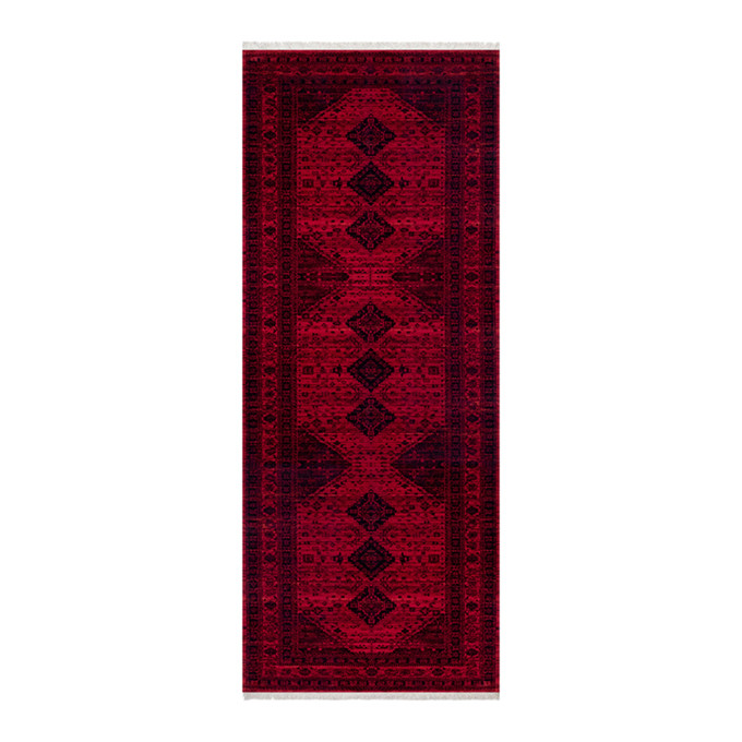 فرش ماشینی زانیس مدل کناره سنتی طرح بلوچی زمینه قرمز لاکی