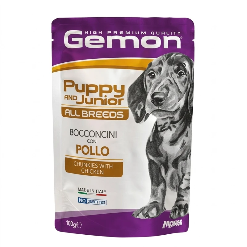 پوچ سگ مونژه مدل Gemon All Breeds Puppy and Junior Dog Chunkies با طعم مرغ 100 گرم