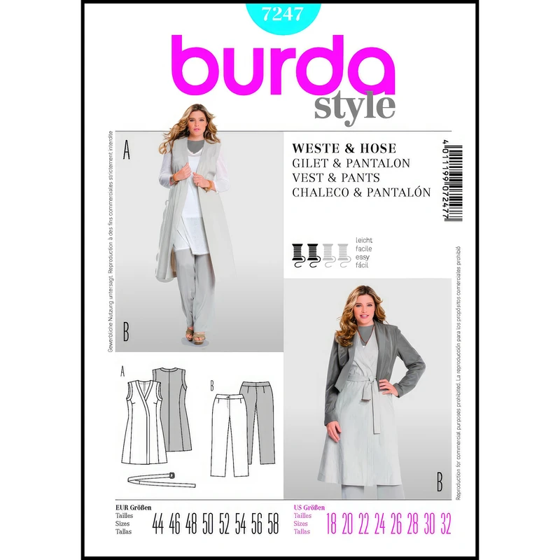 الگو خیاطی وست و شلوار زنانه بوردا استایل کد 7247 سایز 44 تا 58 متد مولر