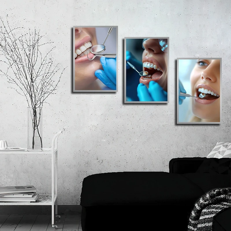 تابلو بکلیت طرح لبخند و دندانپزشکی مدل SI-3905 فریم نقره ای مجموعه 3 عددی