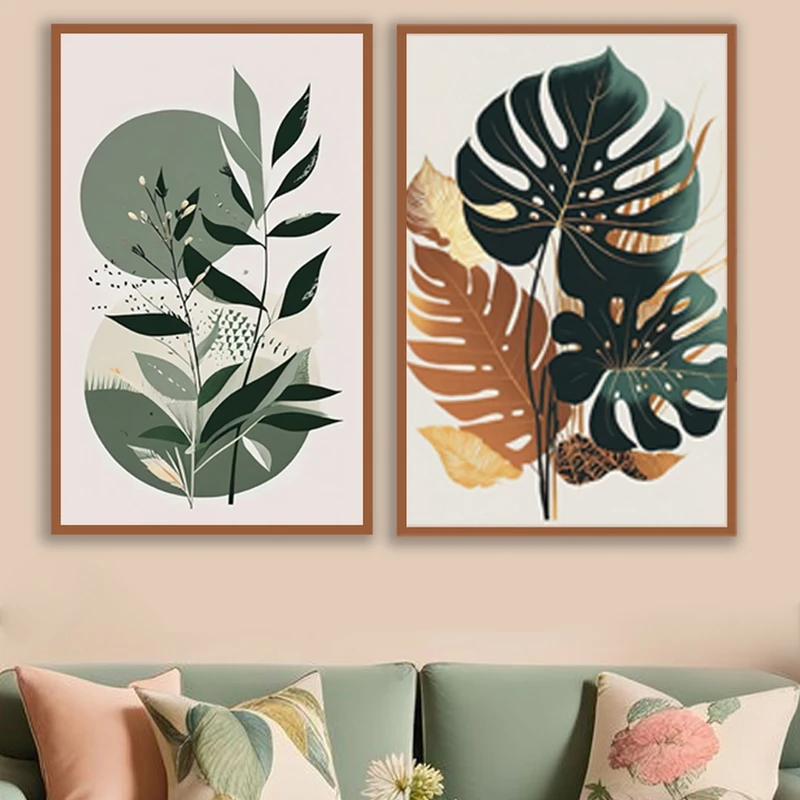 تابلو بکلیت طرح مینیمال و برگ مدل T-MR-1018 فریم طلایی مجموعه 2 عددی