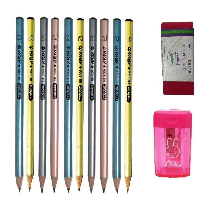 مداد مشکی مدل رنگارنگ به همراه تراش و پاک کن مجموعه 12 عددی
