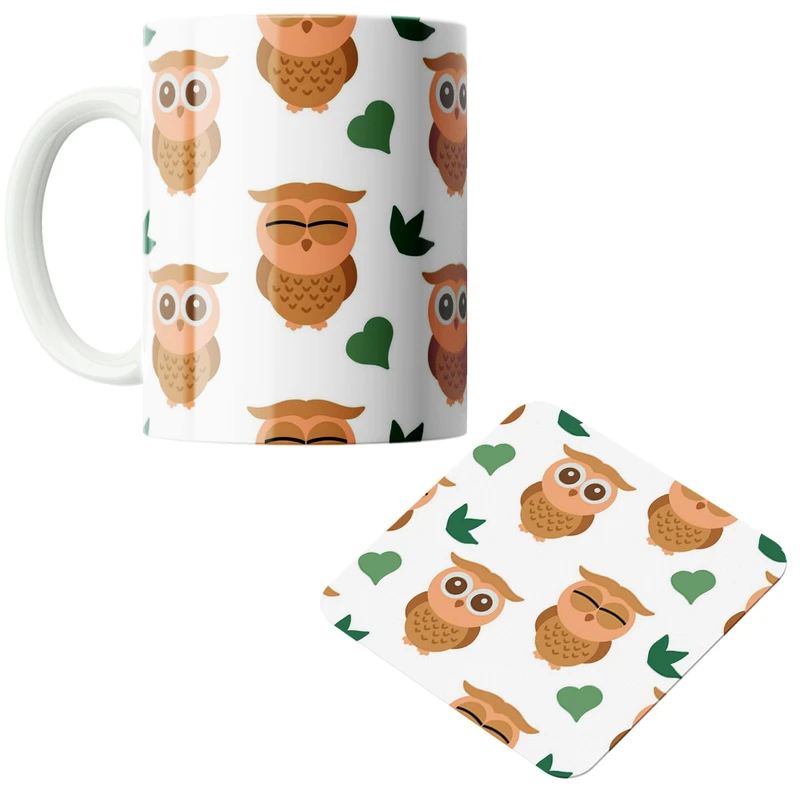 ماگ پاد آفرین مدل جغد کد DKC451 به همراه زیر لیوانی