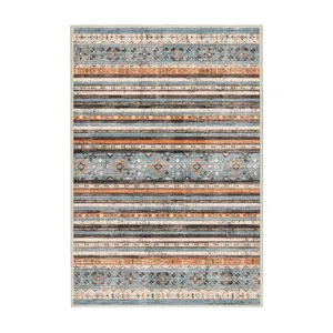 فرش ماشینی 1000 شانه اورکوم زمینه کرم حاشیه آبی طرح مینیمال تمنا کد OR.1123.02