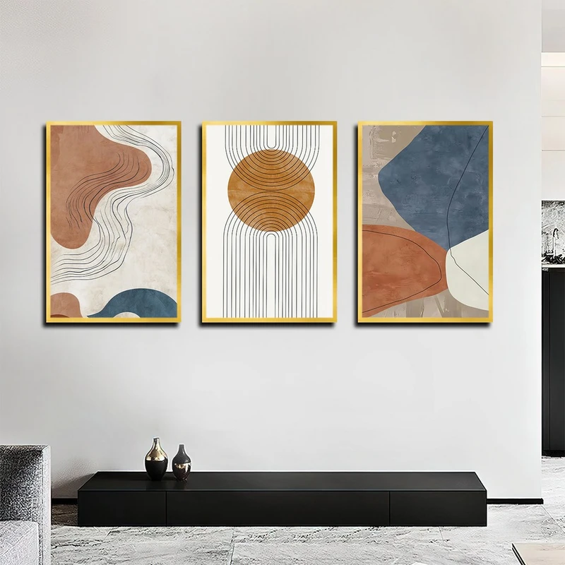تابلو بکلیت طرح مینیمال و نقاشی انتزاعی خورشید مدل T-3943 فریم طلایی مجموعه 3 عددی