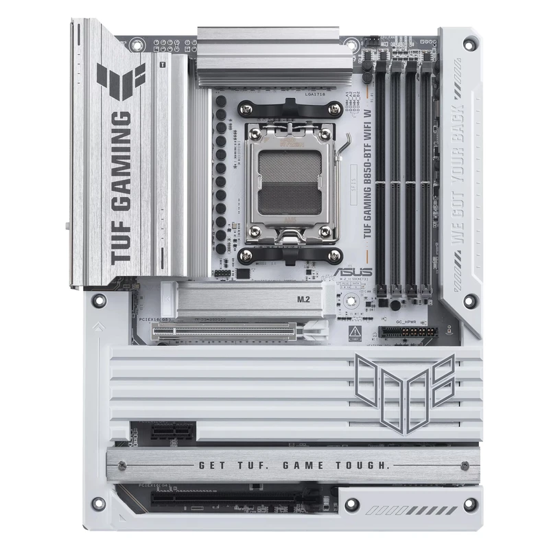 مادربرد ایسوس مدل TUF GAMING B850-BTF WIFI W، فرم فاکتور ATX، سوکت AMD AM5، دارای چهار اسلات رم DDR5، دارای 3 اسلات M.2، دارای Wi-Fi 7 و بلوتوث داخلی، پشتیبانی از پردازنده‌های Ryzen 9000، چیپست AMD B850، پشتیبانی از اورکلاک پردازنده و پمپ AIO