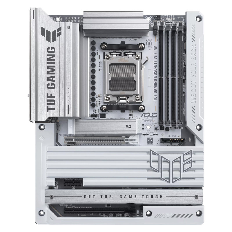 مادربرد ایسوس مدل TUF GAMING B850-BTF WIFI W، فرم فاکتور ATX، سوکت AMD AM5، دارای چهار اسلات رم DDR5، دارای 3 اسلات M.2، دارای Wi-Fi 7 و بلوتوث داخلی، پشتیبانی از پردازنده‌های Ryzen 9000، چیپست AMD B850، پشتیبانی از اورکلاک پردازنده و پمپ AIO