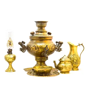 سرویس سماور ذغالی 6 پارچه برنجی مدل عدسی قلم کاری کد 3381