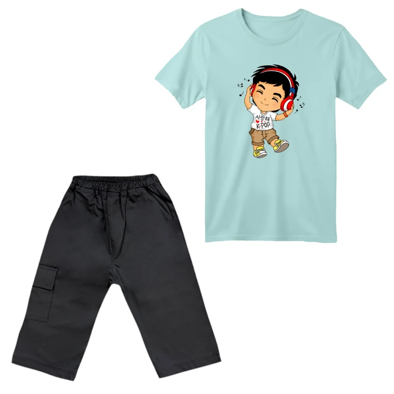 ست تی‌شرت آستین کوتاه و شلوارک پسرانه مدل پسرک هدفون