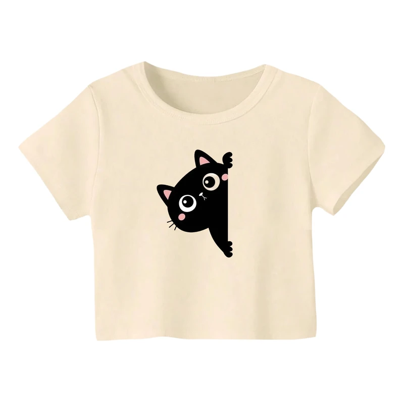 کراپ‌ تی‌شرت آستین کوتاه زنانه مدل گربه کد 16