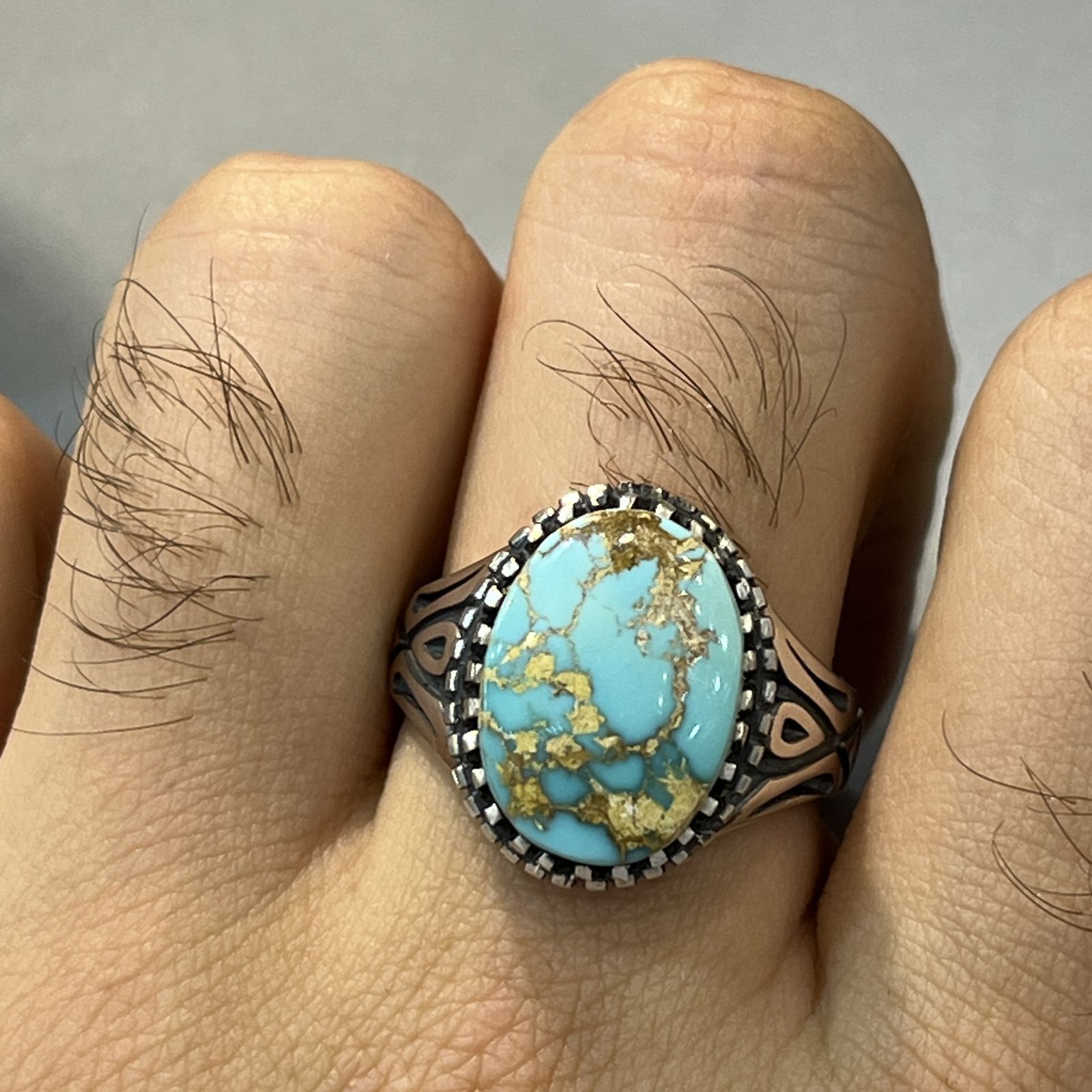 انگشتر نقره مردانه مدل هزار چنگ دستساز فیروزه نیشابوری کد 1 5-45 -  - 8