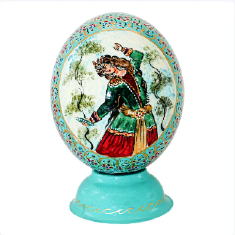 تخم شترمرغ تزیینی صنایع دستی فاخر مدل مگنت‌دار طرح لیلی و بته جقه کد Turquoise1913