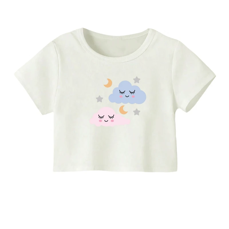 کراپ‌ تی‌شرت آستین کوتاه زنانه مدل ابر و ماه