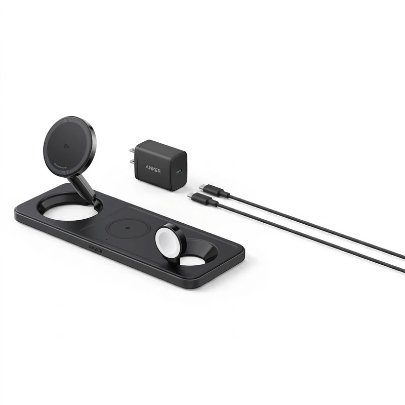شارژر رومیزی انکر مدل MagGo Wireless Charging به همراه شارژر دیواری 40 وات انکر و کابل USB-C به طول 1.5 متر