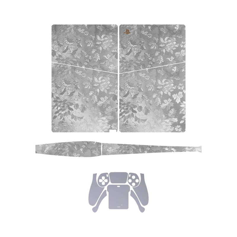 برچسب کنسول و دسته بازی PS5 Slim Digital Edition ماهوت مدل Silver Wildflower_Matte Silver 