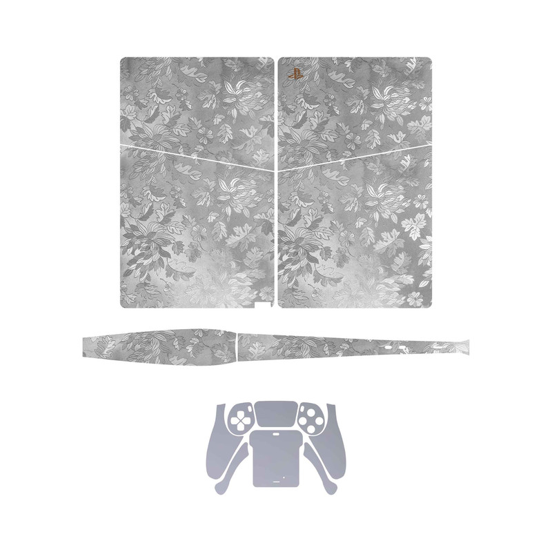 برچسب کنسول و دسته بازی PS5 Slim Digital Edition ماهوت مدل Silver Wildflower_Matte Silver 