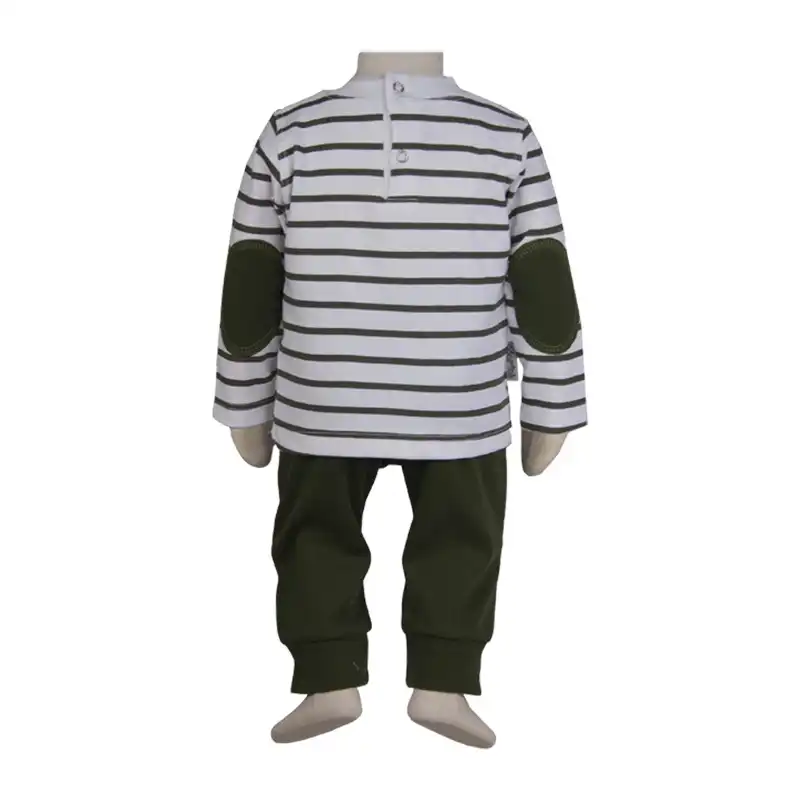 ست تی شرت آستین بلند و شلوار نوزادی آدمک مدل راه راه کد 117601 رنگ زیتونی