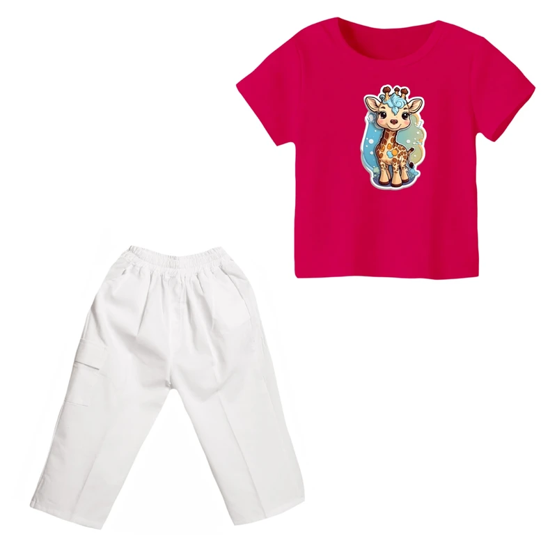 ست تی شرت و شلوارک دخترانه مدل زرافه کد 1