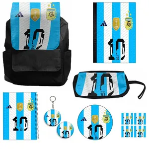 کوله پشتی  مدل لیونل مسی کد 1 به همراه کلاسور و دفتر مشق و جامدادی و زیر لیوانی و جاکلیدی مجموعه 11 عددی